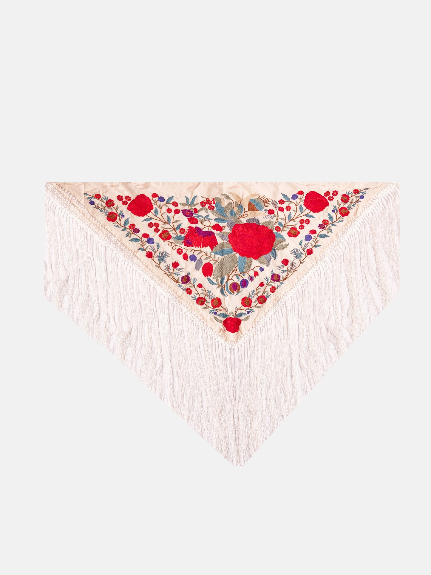 MANTON SEDA BORDADO A MANO HUESO FLORES ROJAS K1