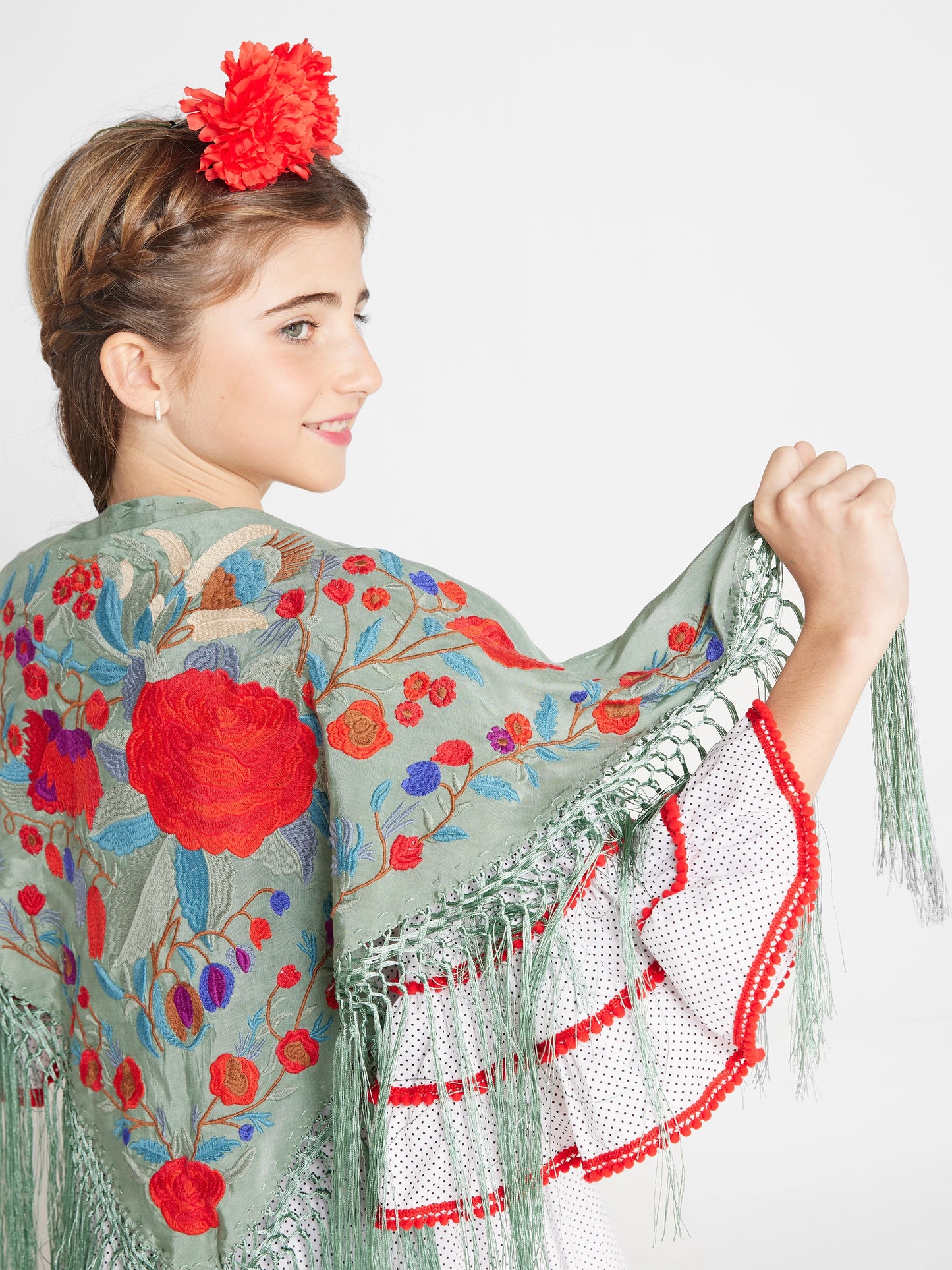 MANTONES DE SEDA BORDADO A MANO VERDE AGUA EMPOLVADO K7