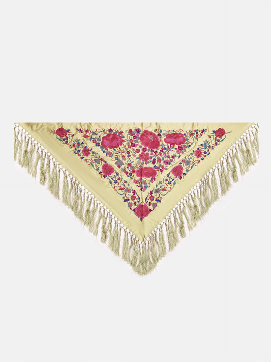 MANTON SEDA BORDADO A MANO VERDE LIMA FLORES ROSA W19