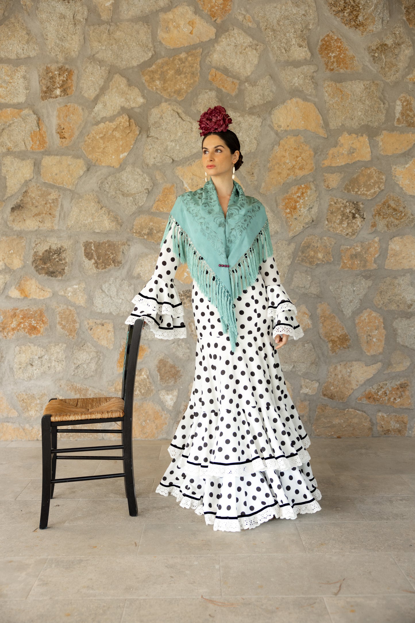 Mantón de seda flecado a mano azul empolvado