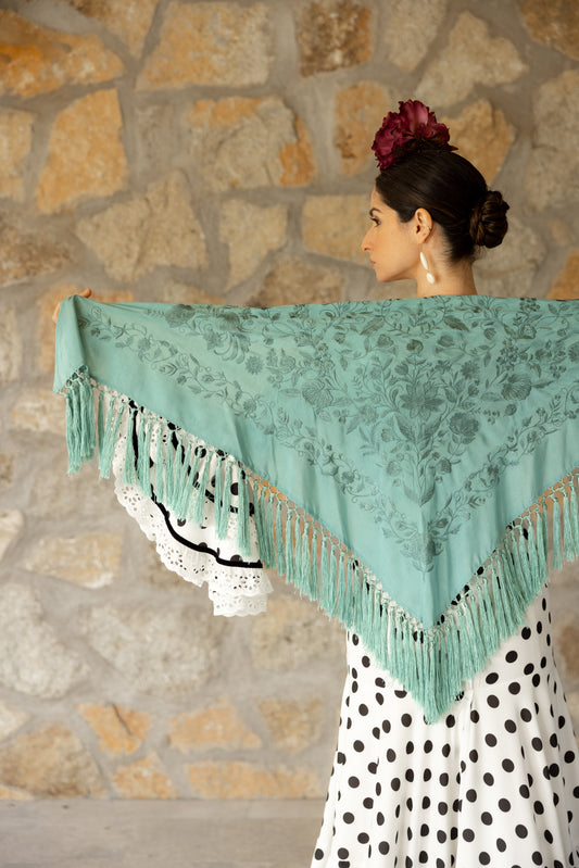 Mantón de seda flecado a mano azul empolvado