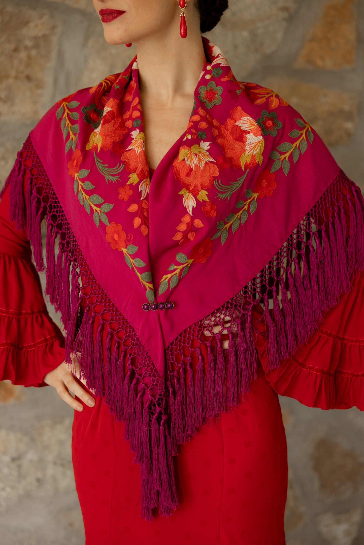 Mantón de seda flecado a mano fucsia