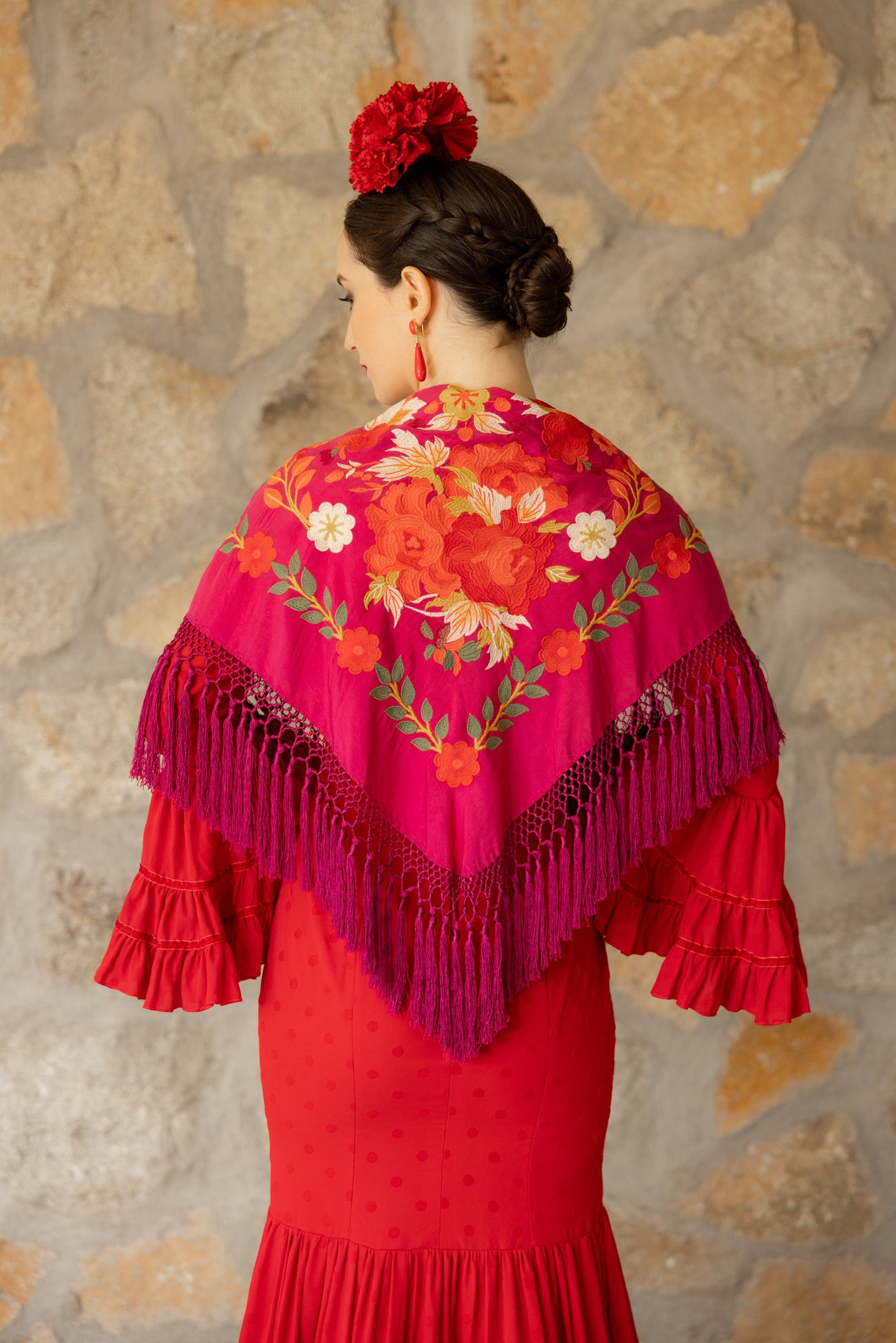 Mantón de seda flecado a mano fucsia