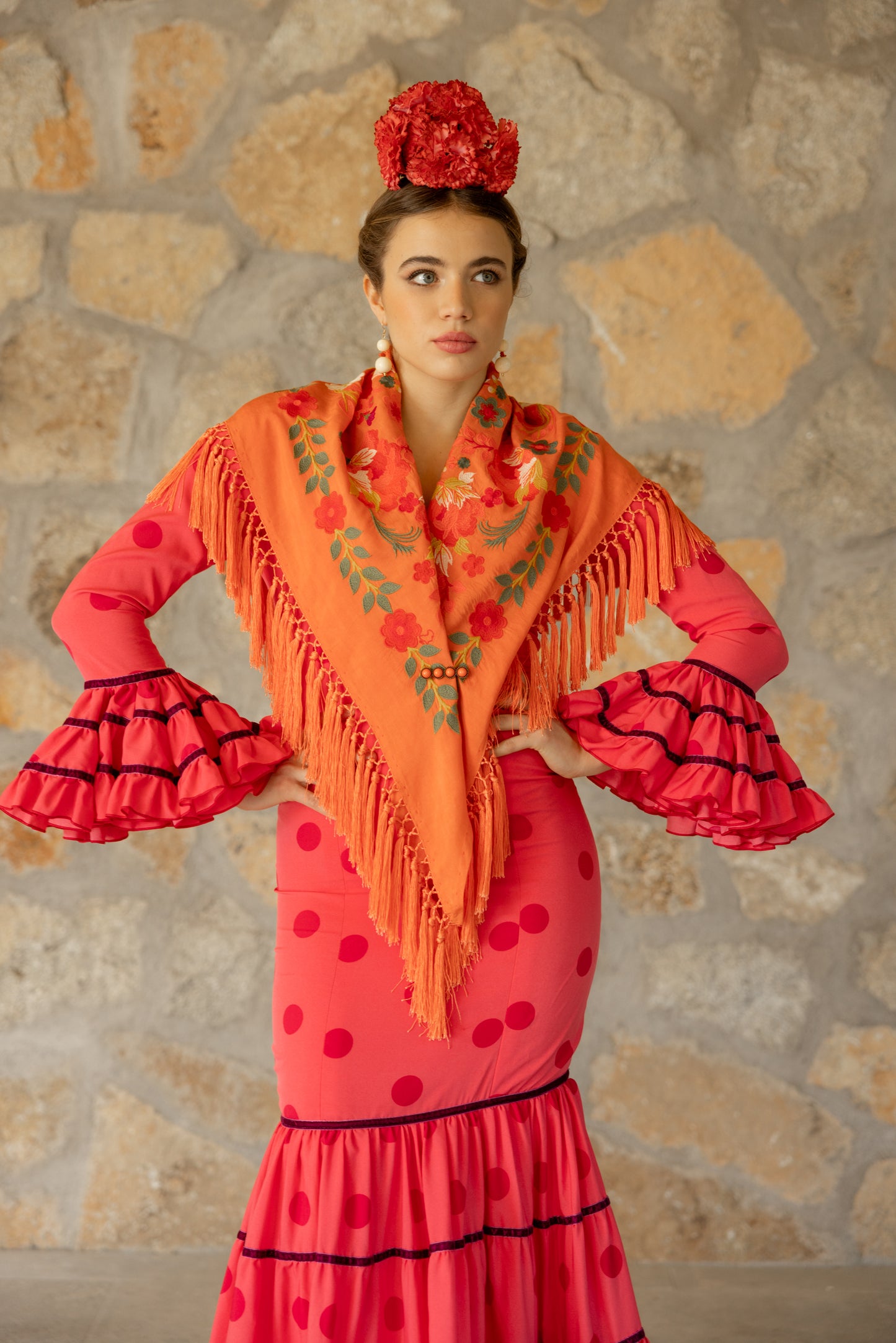 Mantón de seda flecado a mano naranja