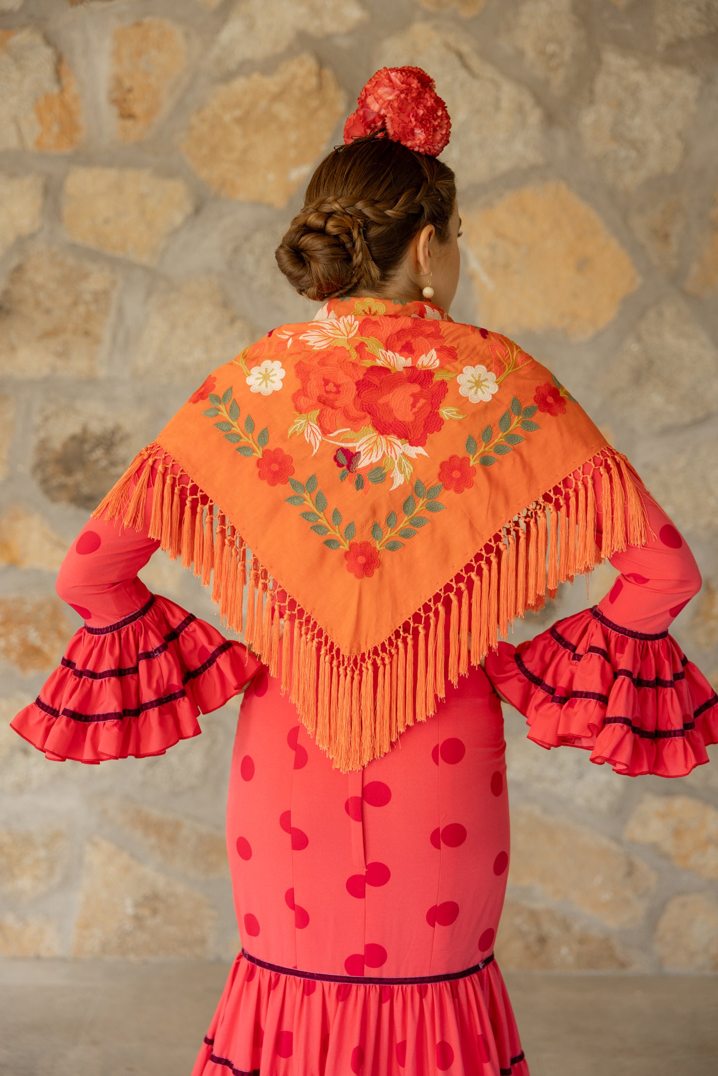 Mantón de seda flecado a mano naranja