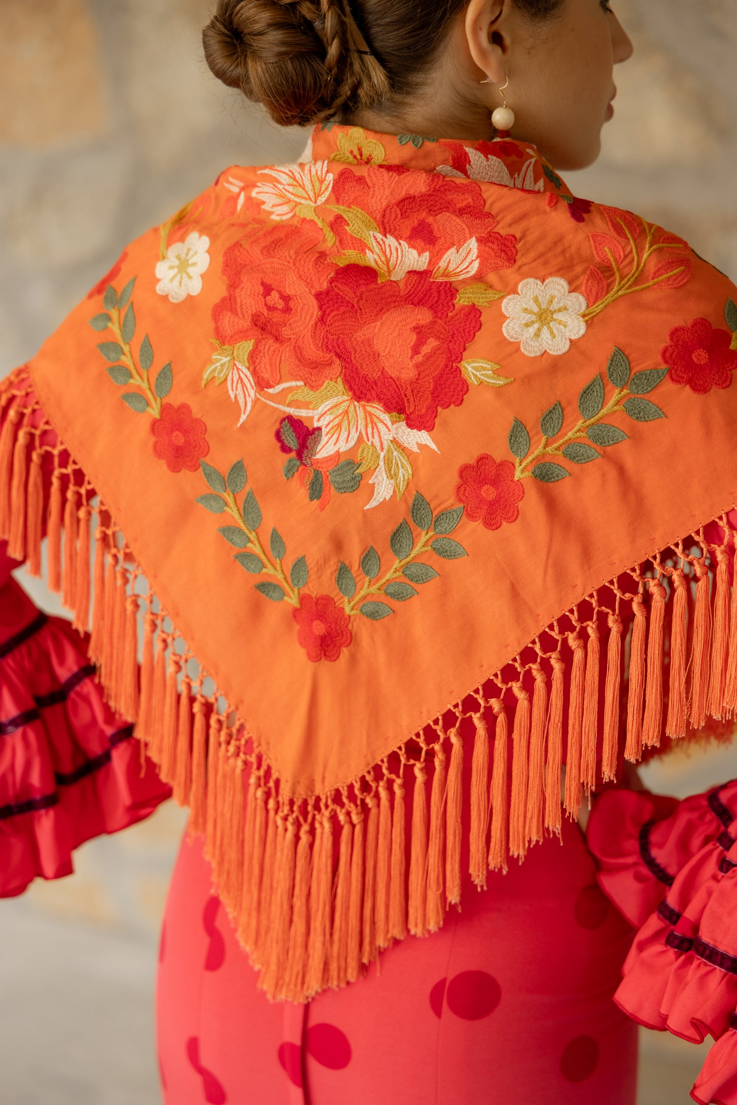 Mantón de seda flecado a mano naranja