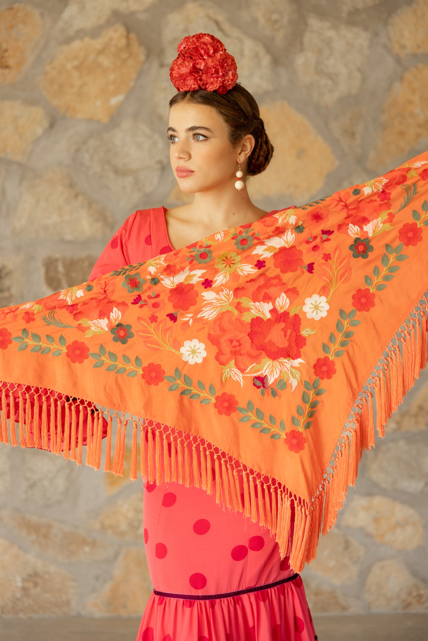 Mantón de seda flecado a mano naranja