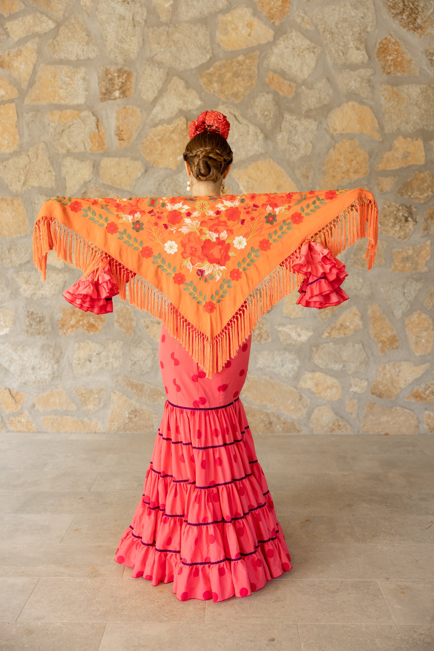 Mantón de seda flecado a mano naranja