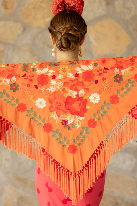 Mantón de seda flecado a mano naranja
