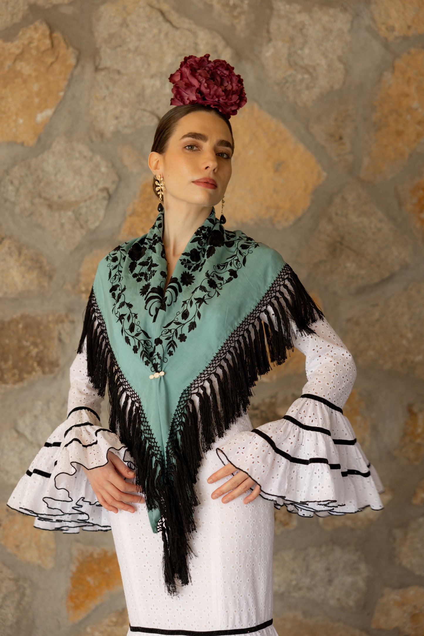 Mantón de seda flecado a mano azul turquesa