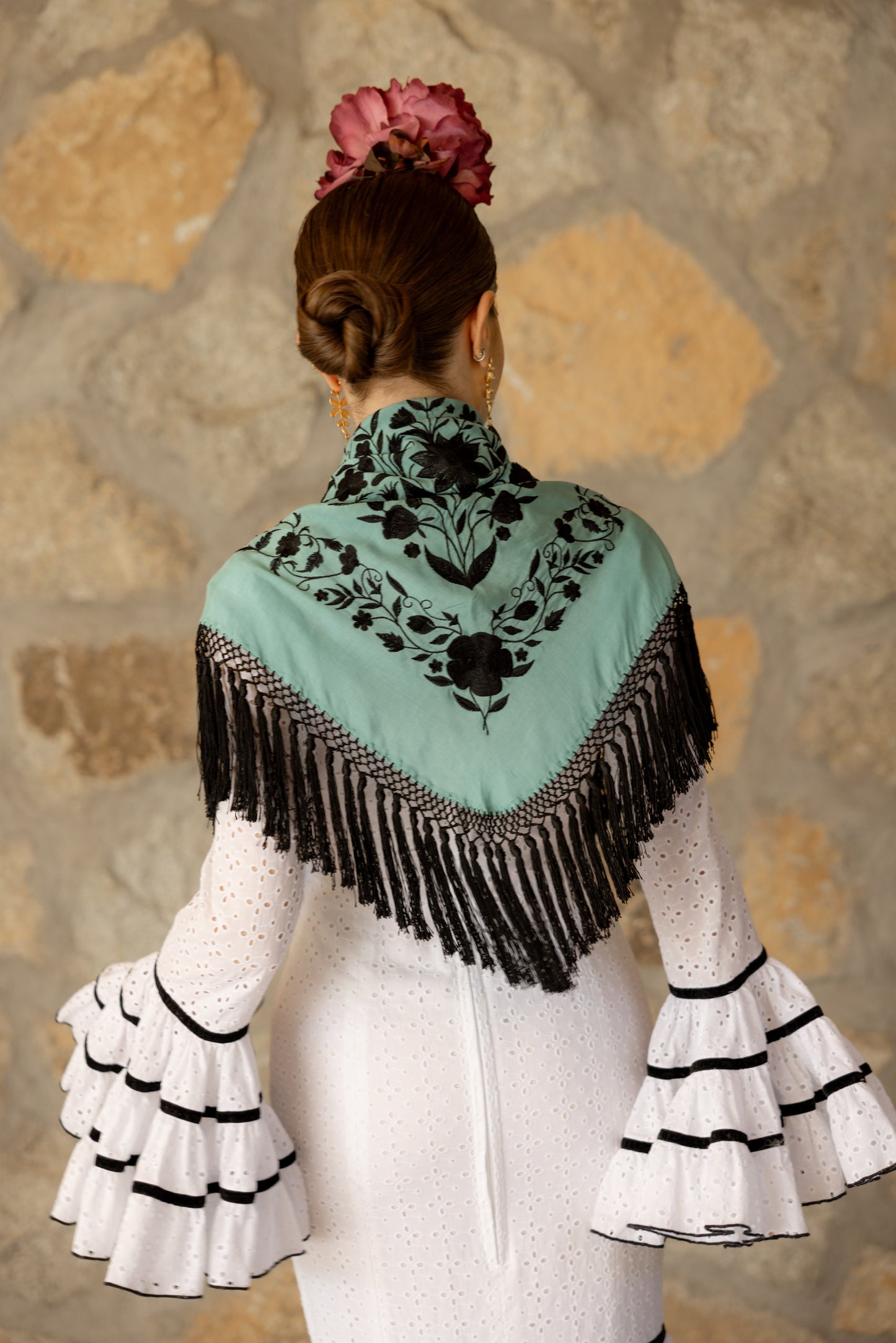 Mantón de seda flecado a mano azul turquesa