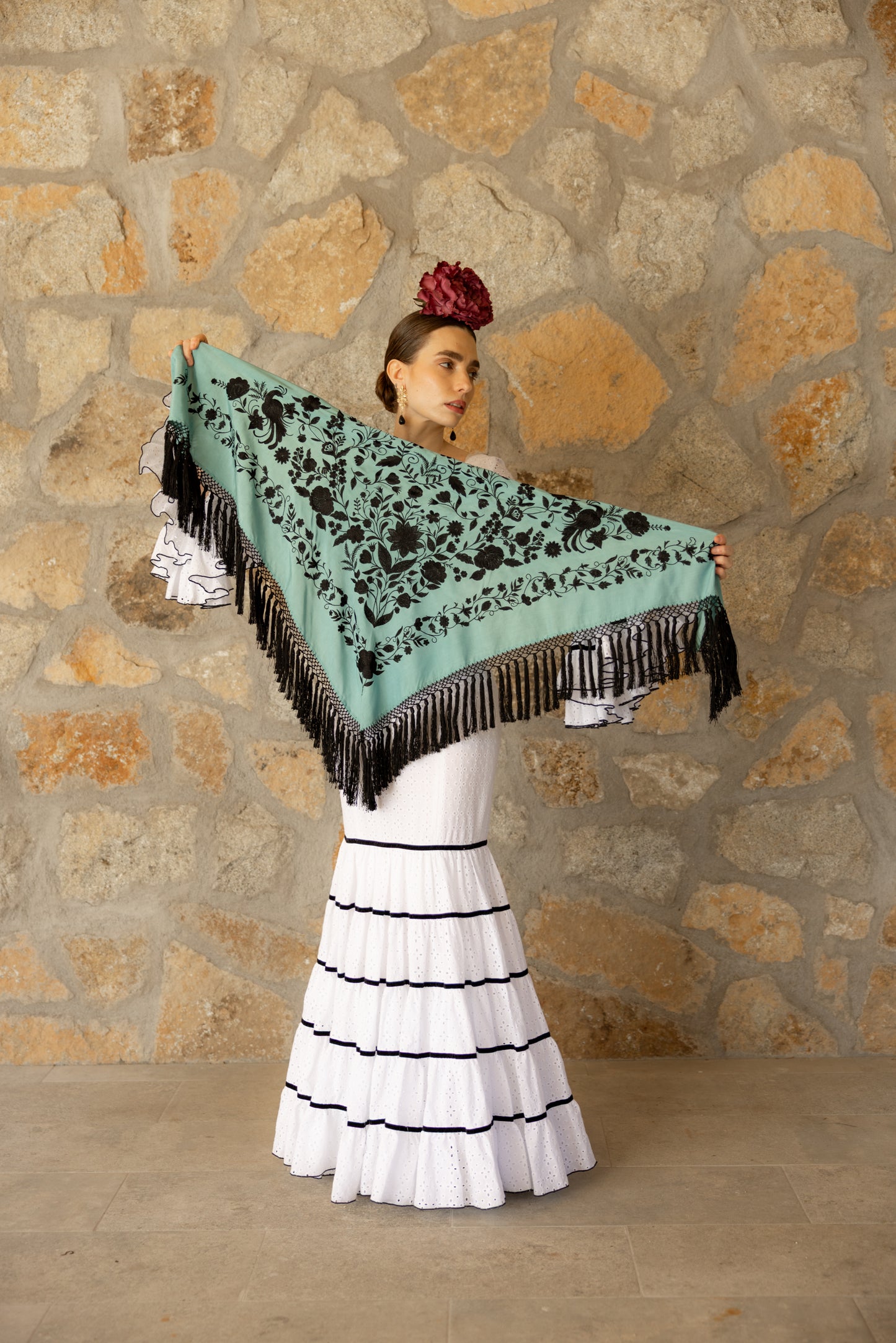 Mantón de seda flecado a mano azul turquesa