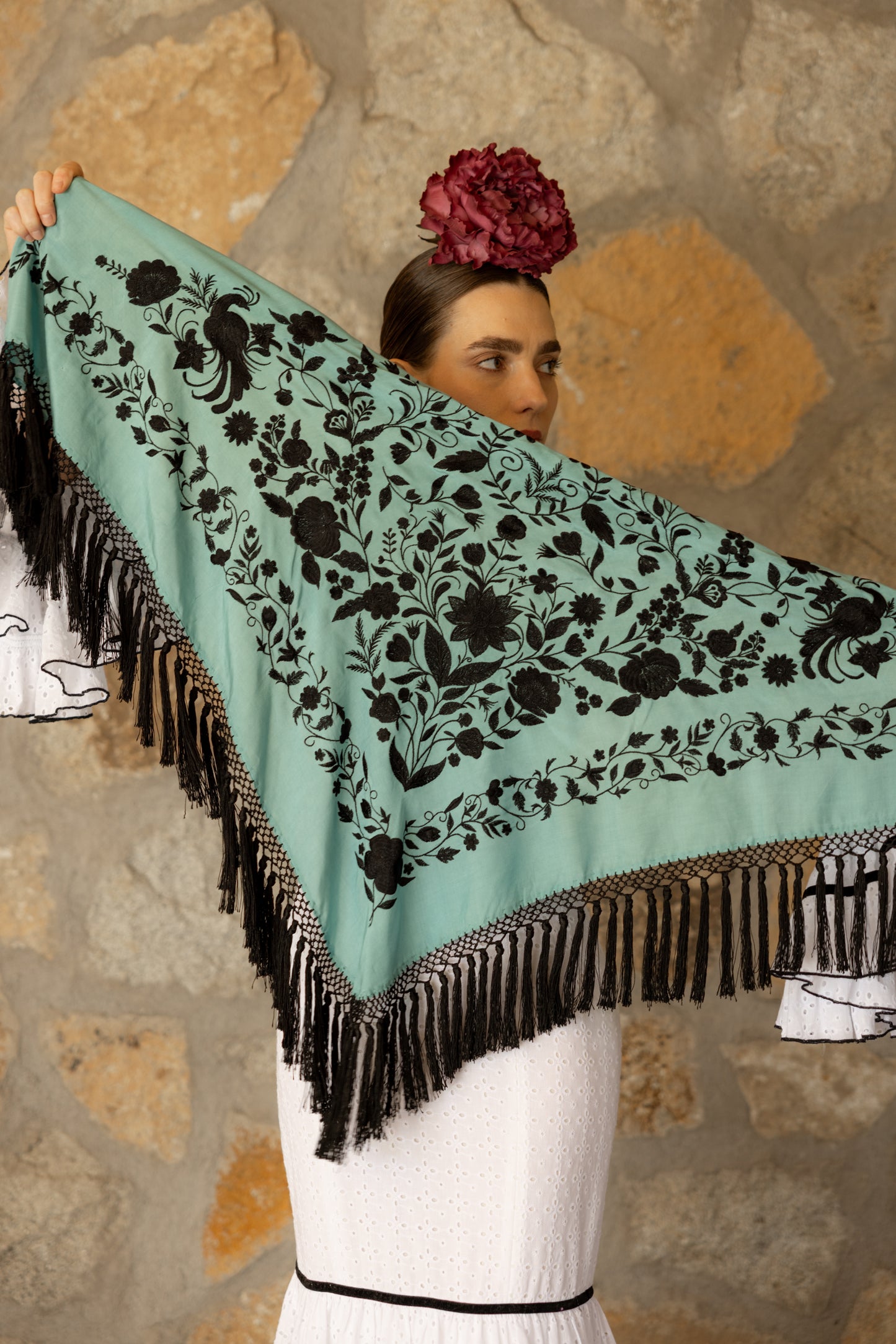 Mantón de seda flecado a mano azul turquesa