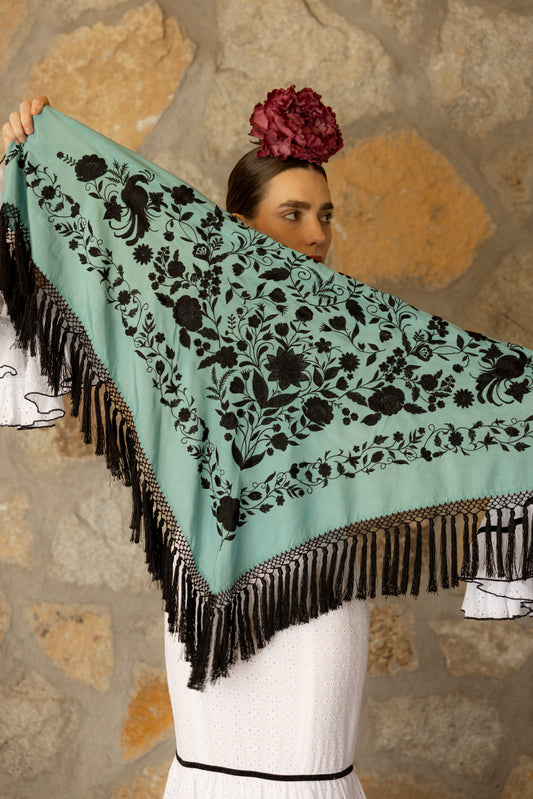 Mantón de seda flecado a mano azul turquesa