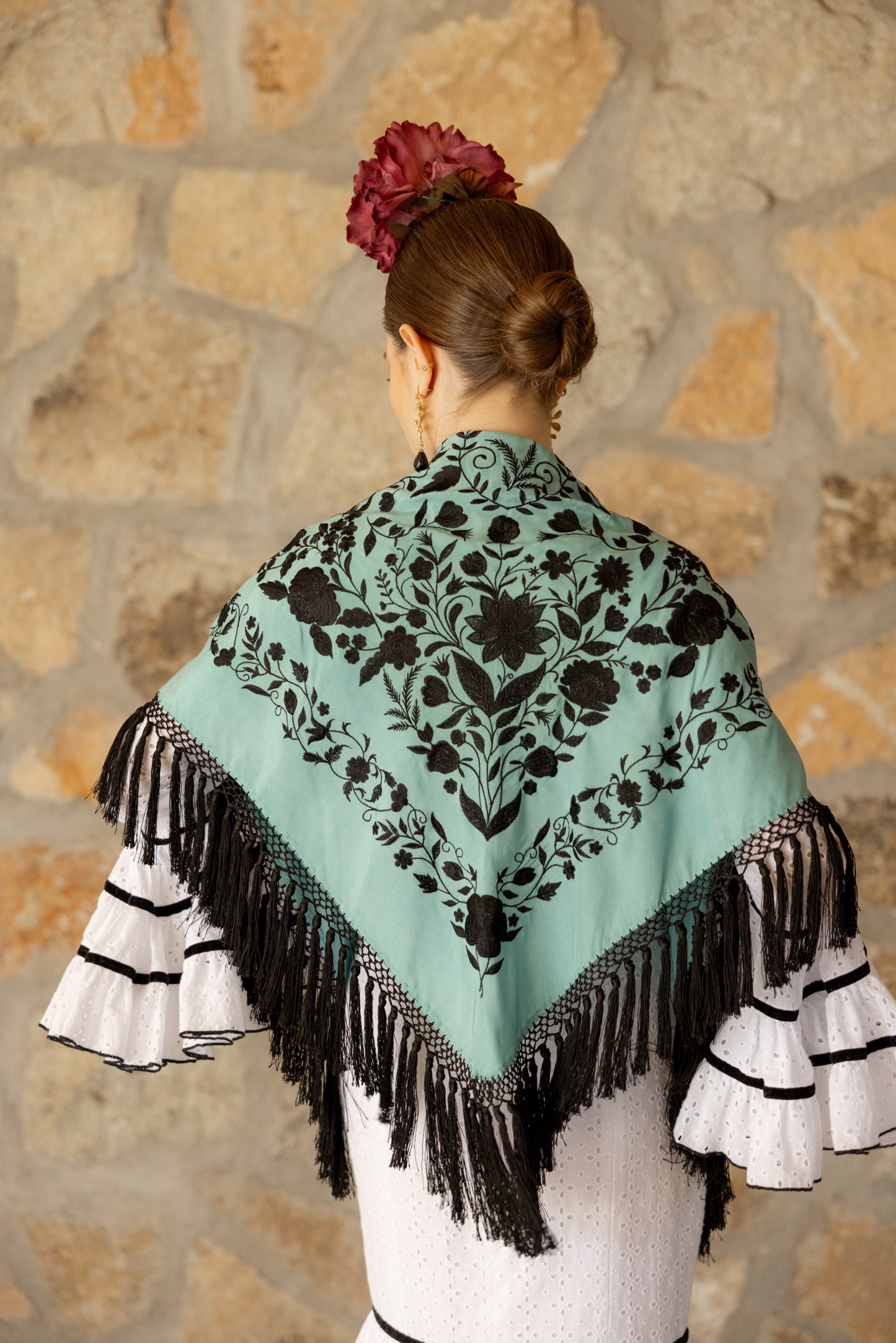Mantón de seda flecado a mano azul turquesa