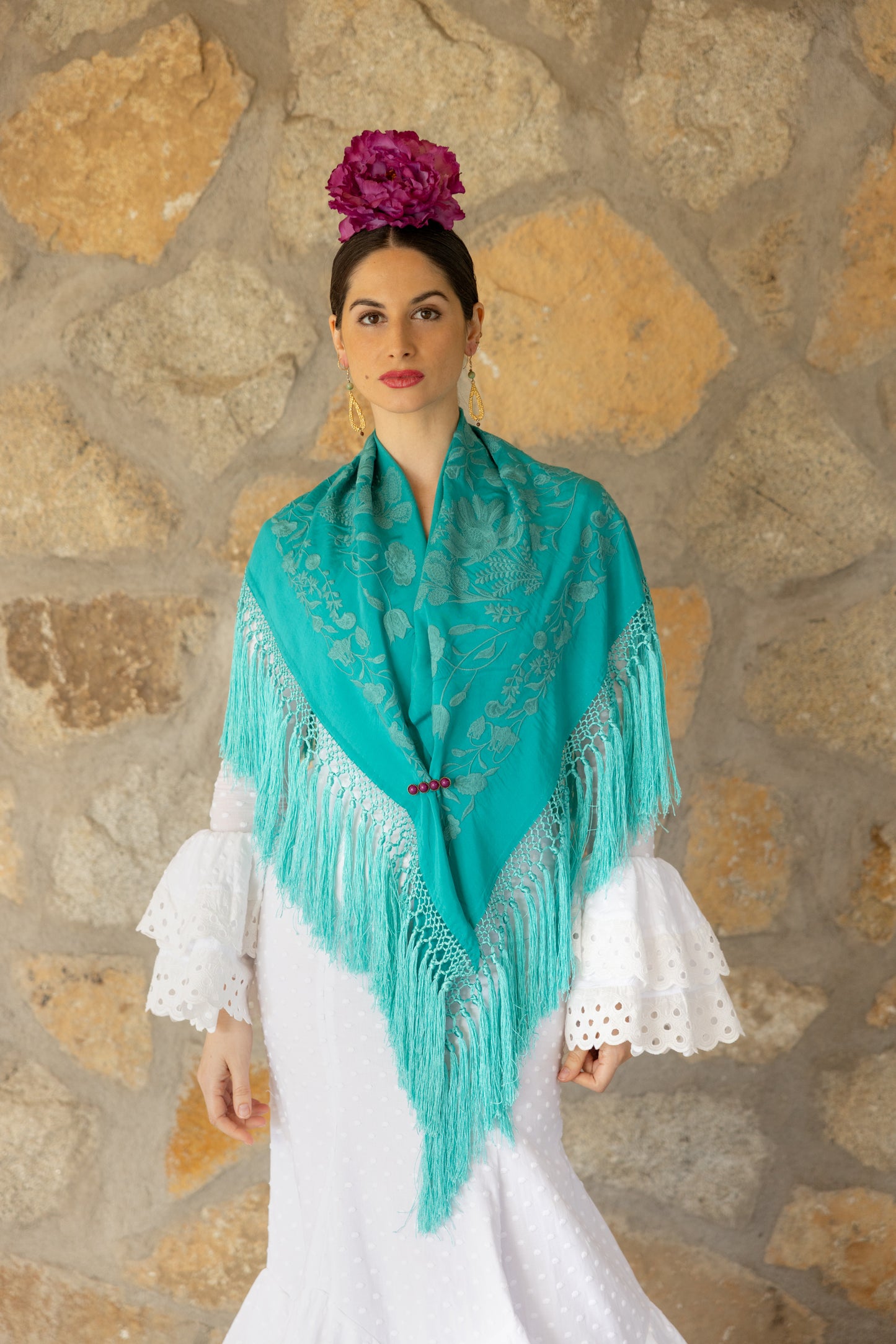 Mantón de seda flecado a mano turquesa