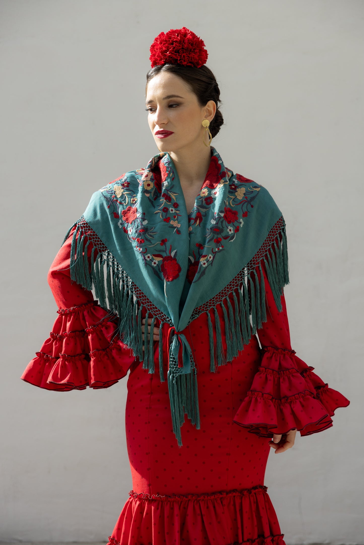 Mantón de seda flecado a mano rosa verde.