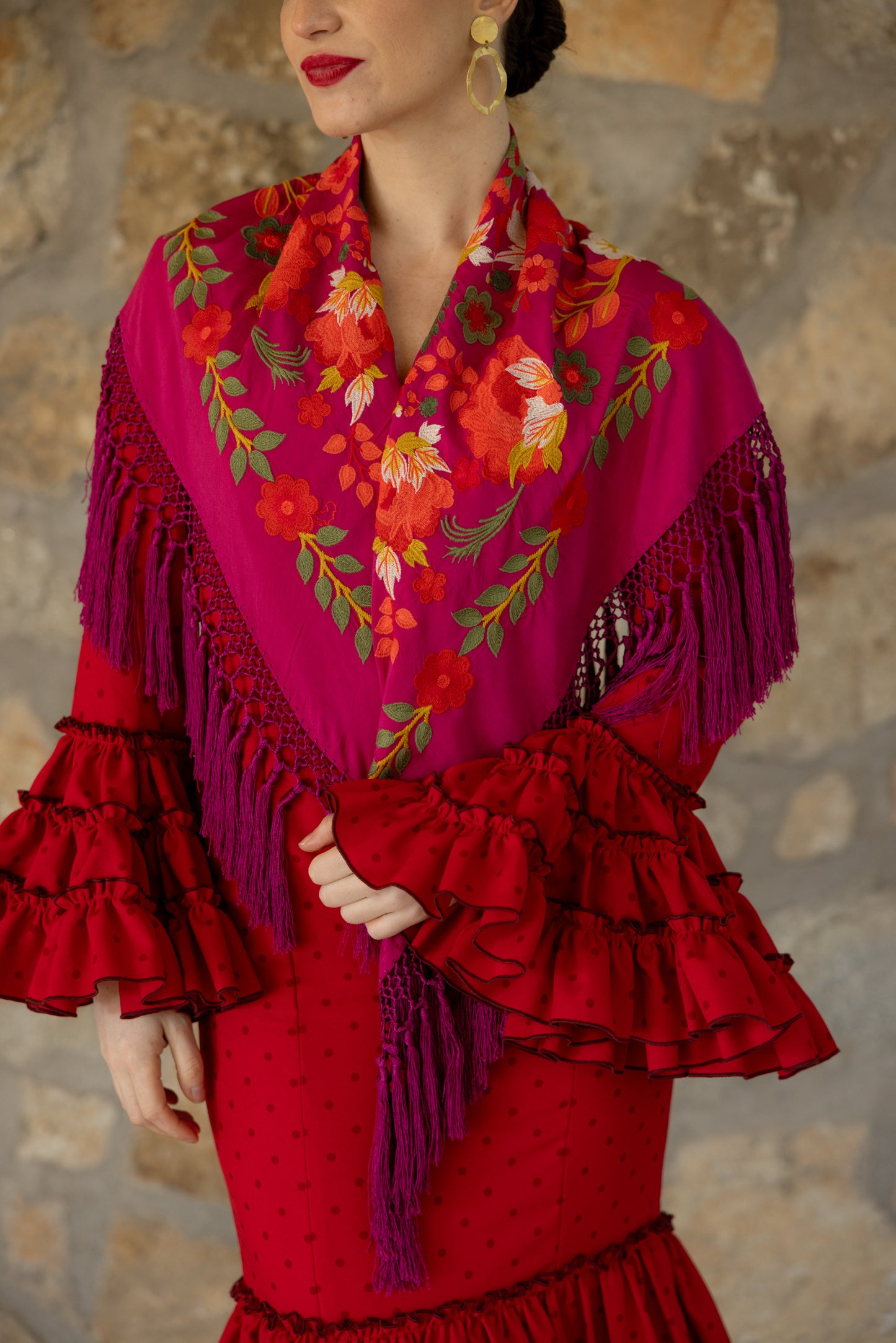 Mantón de seda flecado a mano fucsia