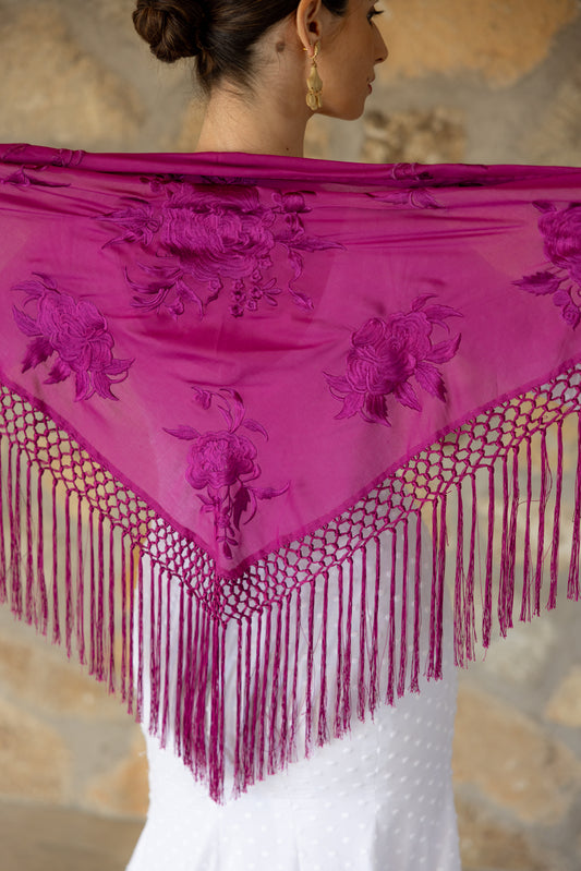 Mantón de seda flecado a mano buganvilla