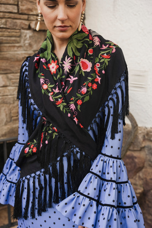 Mantón de seda flecado a mano negro elefante